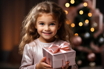 Sticker - happy little girl with gift box near pink Christmas tree