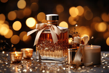 Wall Mural - Abstract Perfume in a gold glass bottle in Christmas bokeh light