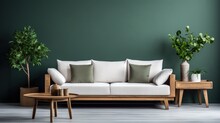 Cozy wooden sofa with white cushions near dark green wall. Generative AI