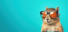 Chipmunk In Sunglass Shade Glasses, Left Position, Isolated On Solid Pastel Background. Generative AI
