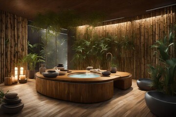 Wall Mural - Design an AI-generated spa interior that combines natural elements like bamboo and flowing water for a calming atmosphere. 