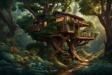 Wall Mural - Generate an AI image of a treehouse retreat surrounded by lush foliage and wildlife. 