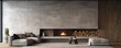 Concrete and wooden paneling walls in minimalist spacious room with fireplace. Interior design of modern living room, panorama | Generative AI