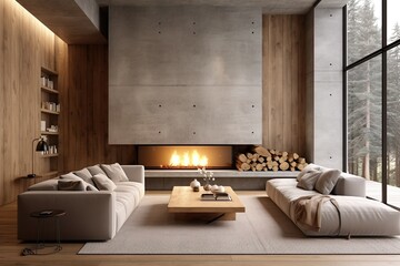 Concrete and wooden paneling walls in minimalist spacious room with fireplace. Interior design of modern living room, panorama | Generative AI