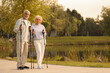 © New Africa - Senior man and woman with Nordic walking outdoors, space for text