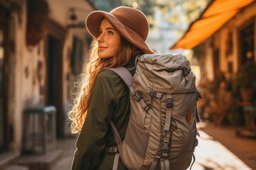 Canvas Print - Woman on a journey. Vacation trip, travel concept. Background with selective focus and copy space