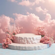 A pastel pink stone podium adorned with romantic flowers against a backdrop of clouds