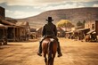 back view of a cowboy skillfully riding on a horse through a wild west town.