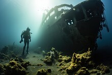 Wreck Of The Ship With Scuba Diver