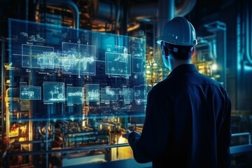 Aufkleber - Generative AI : Male and female Asian engineers are using modern computer interface About refineries and the oil industry