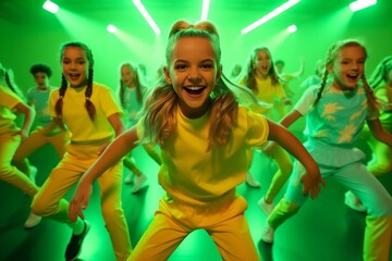 Generative AI : Happy children dancing. Group of children, little girls in sportive casual style clothes dancing in choreography class isolated on green background in yellow neon light. Concept of mus