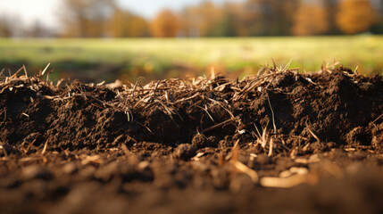 Wall Mural - Ground and green grass. Dried ground texture. Scoops of brown dry clay in green nature