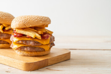 Sticker - pork burger with cheese, bacon and french fries