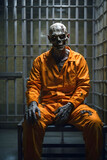 Fototapeta Las - A zombie in an orange jail uniform sitting in prison.
