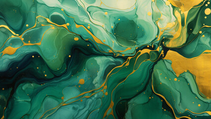 Wall Mural - Green and gold marble painting, green and gold color abstract background, Generative AI