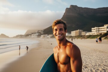 Sticker - Smiling portrait of a happy male caucasian surfer on a sandy beach