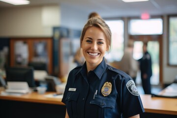 Wall Mural - Smiling portrait of a happy female caucasian police officer in a police station in the USA