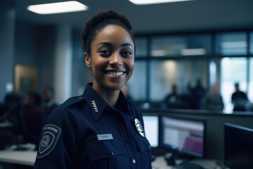 Wall Mural - Smiling portrait of a happy female african american police officer in a police station in the USA