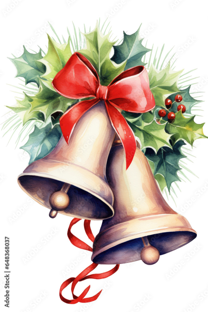 christmas bells with holly and ribbon vintage illustration isolated on ...