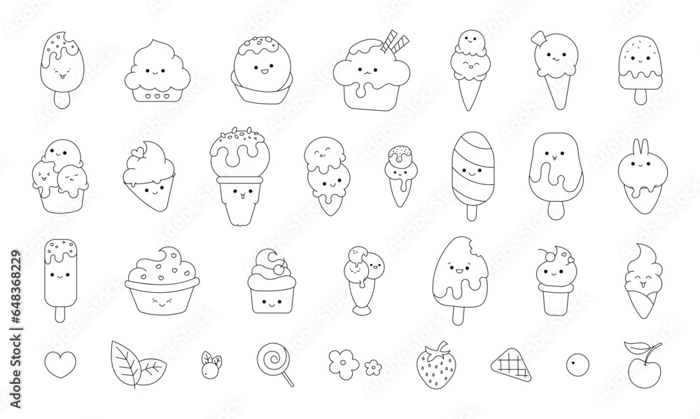 Cute ice cream. Coloring Page. Funny cartoon characters. Happy and ...