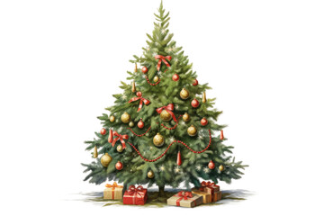 christmas tree decorated with ornaments garland vintage illustration isolated on a transparent backg
