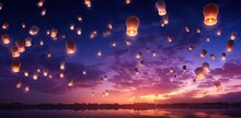 Floating Lantern With Flame In The Night Sky Background.