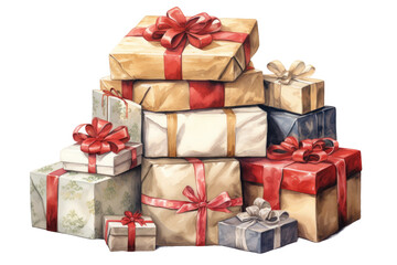 pile of wrapped christmas gifts tied with bows vintage illustration isolated on a transparent background, generative ai