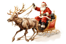 Santa Getting His Reindeer Ready To Fly Vintage Illustration Isolated On A Transparent Background, Generative Ai