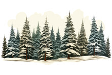 Snow Covered Pine Trees Vintage Illustration Isolated On A Transparent Background, Generative Ai