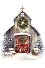 Wall Mural - snowy barn with wreath on doors and lit christmas tree vintage illustration isolated on a transparent background, generative ai