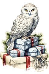 Wall Mural - snowy owl resting on pile of wrapped gifts vintage illustration isolated on a transparent background, generative ai