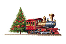 Toy Train Going Around The Christmas Tree Vintage Illustration Isolated On A Transparent Background, Generative Ai