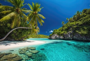 Wall Mural - A tropical lagoon with clear blue water and palm trees