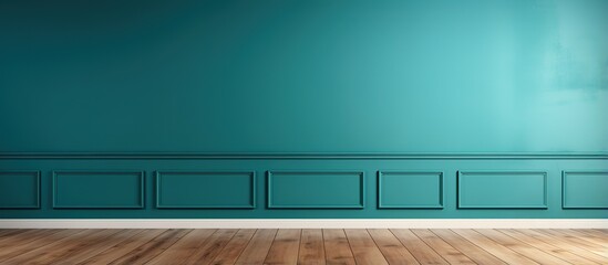 Empty room interior with blue wall, wooden floor and green wall