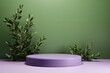 round green podium close shot purple background studio with green olive