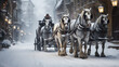 traditional carriage with big wise men strong horses in winter