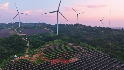 Wall Mural - Aerial photography of outdoor solar wind power scene on the mountain