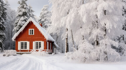 a beautiful red house in winter with lots of fresh snow