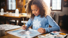 A Little Girl Draws And Makes Things On The Theme Of Winter At School