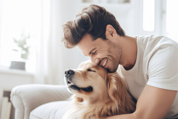 man with dog in living room