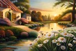 Craft an image that captures the delicate charm of a daisy garden at sunset, with the warm hues of twilight accentuating their timeless allure