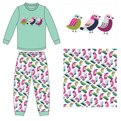 Wall Mural - girls t shirt with long pant cute bird print 