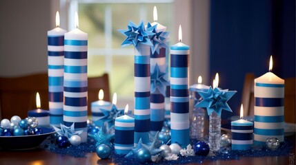 Wall Mural - Hanukkah festive celebration concept, glow of the menorah with shining candles and star