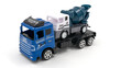 Toy truck with trailer transports cement mixer on white background.