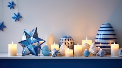 Wall Mural - Hanukkah festive celebration concept, glow of the menorah with shining candles and star