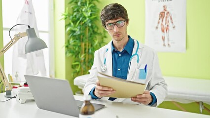 Poster - Young hispanic man doctor reading medical report with serious face at the clinic