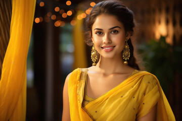 Indian woman giving happy expression and celebrating diwali festival.