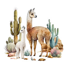 Lama Cactus With Thorns And Desert Watercolor Art