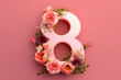 Romantic logo the number eight 8 includes flowers on pink background, March 8, 8th birthday, International Women's Day