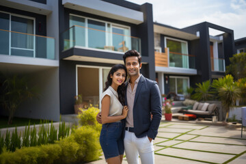 Canvas Print - Young indian couple standing together in front of new home